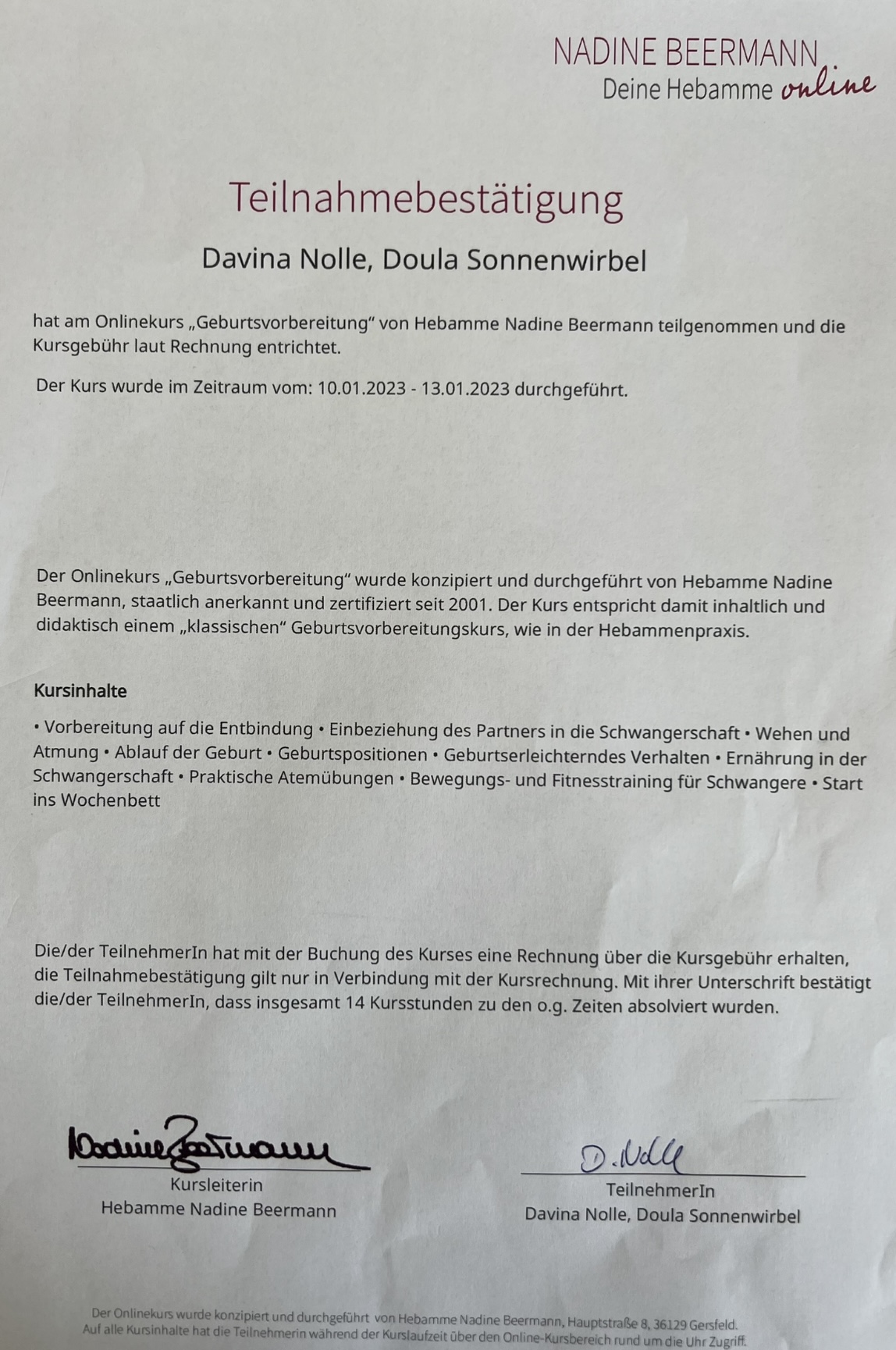 Geburtsvorbereitungskurs Bescheinigung