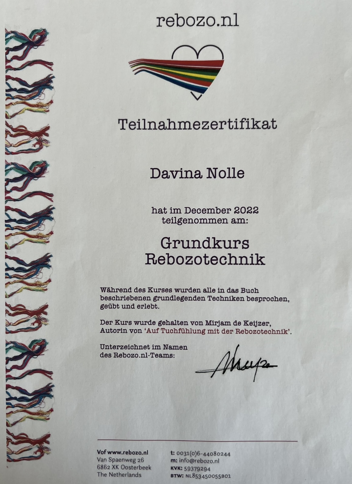 Rebozo Bescheinigung